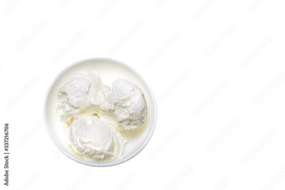 top view white bowl with white ice cream isolated on white background. flat lay top view white bowl with white ice cream isolated on white background. flat lay