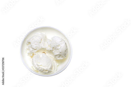 top view white bowl with white ice cream isolated on white background. flat lay