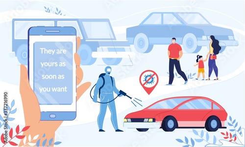 Car Buying Online Service on Covid19 Quarantine. Family Couple with Child Wearing Respiratory Facemask Choosing Automobile. Man in Protective Clothes Disinfecting Vehicle. Secure Shopping Carsharing