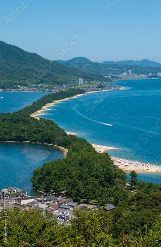 日本海の青い海と天橋立と砂浜