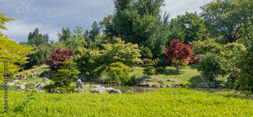Jardin zen Japonais avec un ruisseau et verdure.