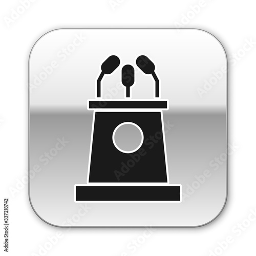 Black Stage stand or debate podium rostrum icon isolated on white background. Conference speech tribune. Silver square button. Vector Illustration