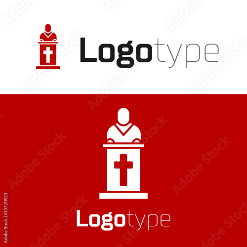 Red Church pastor preaching icon isolated on white background. Logo design template element. Vector Illustration