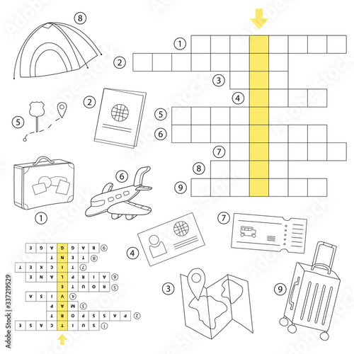 Crossword puzzle game For preschool kids activity worksheet. Study English words. Vector cartoon illustration.