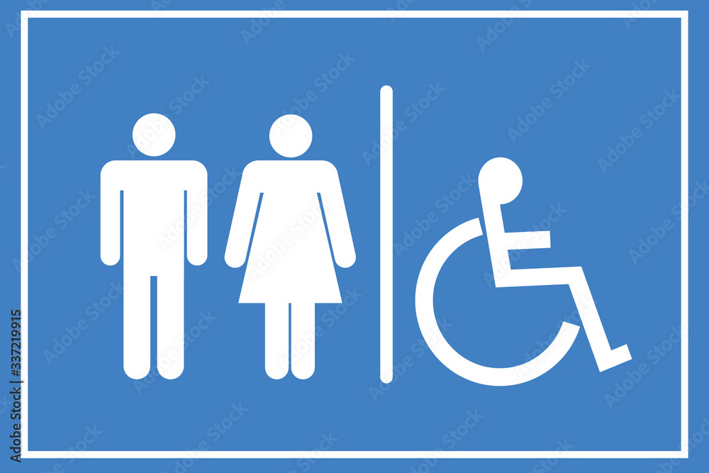Toilets vector icon. Style is flat rounded wc symbol, white color, rounded angles, blue background. Restroom illustration includes lady and gentleman figures and disabled. Toilets vector icon. Style is flat rounded wc symbol, white color, rounded angles, blue background. Restroom illustration includes lady and gentleman figures and disabled.