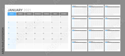 Wall calendar template for 2021 year. Planner diary in a minimalist style. Week Starts on Sunday. Monthly calendar ready for print.