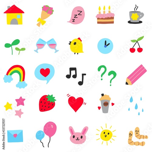 Cute icons collection. Cartoon doodle style vector symbols of house, flowers, stars, cherry, rainbow, bunny, love letter, coffee, cake, music, etc