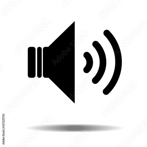 Black audio speaker volume or music speaker volume on line art icon isolated on white backgeound with shadow for apps and websites. Vector illustration EPS10