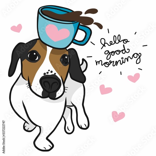 Jack Russell dog with morning coffee cup cartoon vector illustration