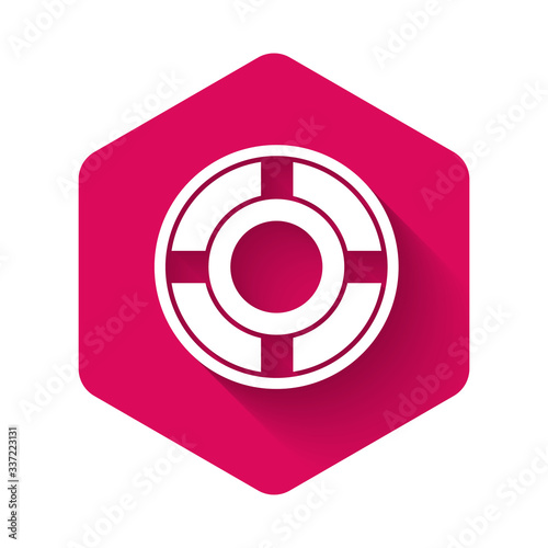 White Ashtray icon isolated with long shadow. Pink hexagon button. Vector Illustration