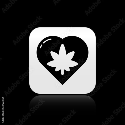 Black Marijuana leaf in heart shape icon isolated on black background. Hemp symbol. Silver square button. Vector Illustration