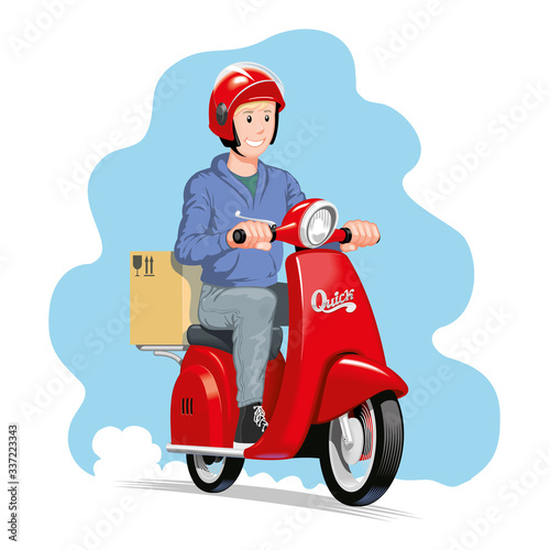 Delivery man riding a red scooter with parcel. Vector illustration.