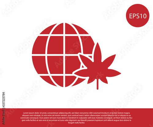 Red Legalize marijuana or cannabis globe symbol icon isolated on white background. Hemp symbol. Vector Illustration