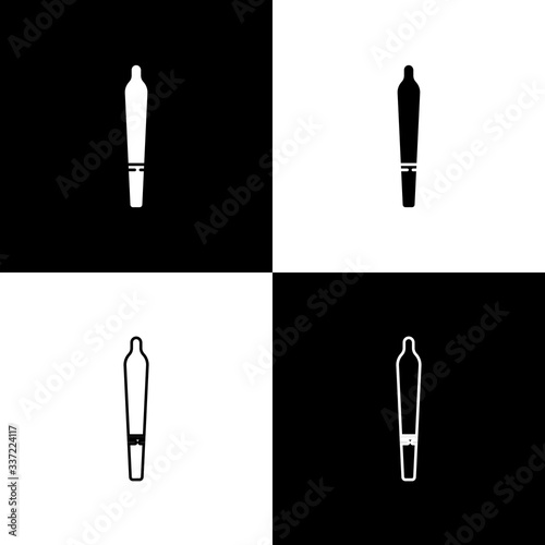 Set Marijuana joint, spliff icon isolated on black and white background. Cigarette with drug, marijuana cigarette rolled. Vector Illustration