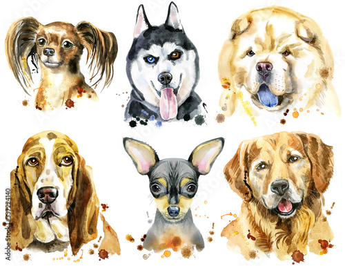 Set of watercolor portraits of dogs for decoration