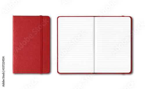 Dark red closed and open lined notebooks isolated on white