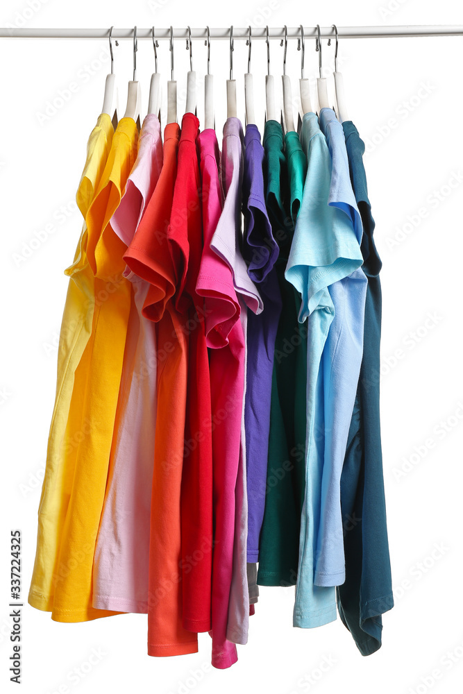 Rack with hanging clothes on white background Rack with hanging clothes on white background
