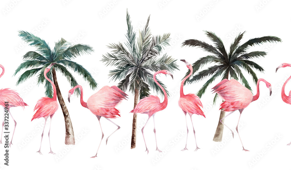 Naklejka premium Tropical seamless pattern with flamingo and palm trees. Watercolor print on white background. Summer hand drawn illustration