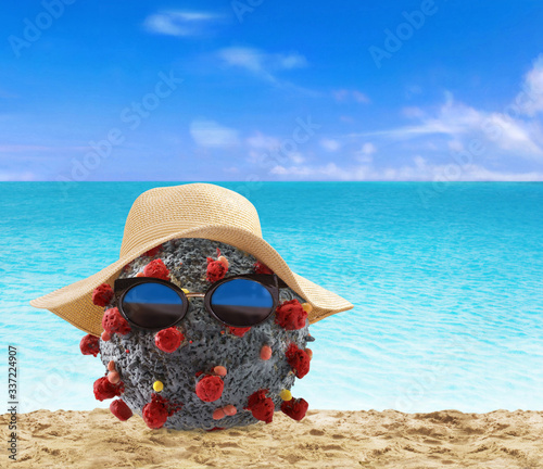 Coronavirus molecule at the beach in vacation taking truce