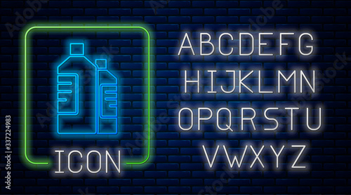 Glowing neon Plastic bottles for laundry detergent, bleach, dishwashing liquid or another cleaning agent icon isolated on brick wall background. Neon light alphabet. Vector Illustration