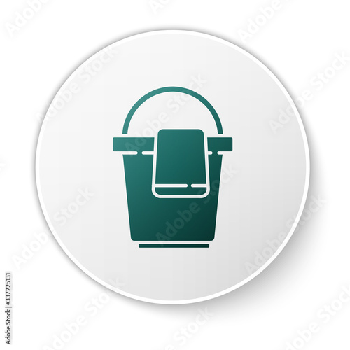 Green Bucket with rag icon isolated on white background. Cleaning service concept. White circle button. Vector Illustration
