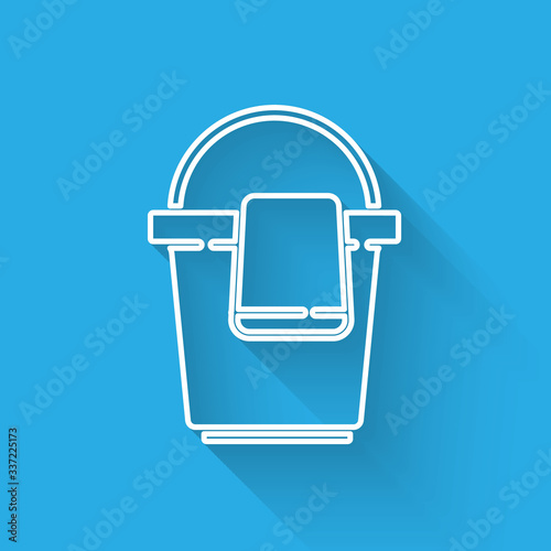 White line Bucket with rag icon isolated with long shadow. Cleaning service concept. Vector Illustration