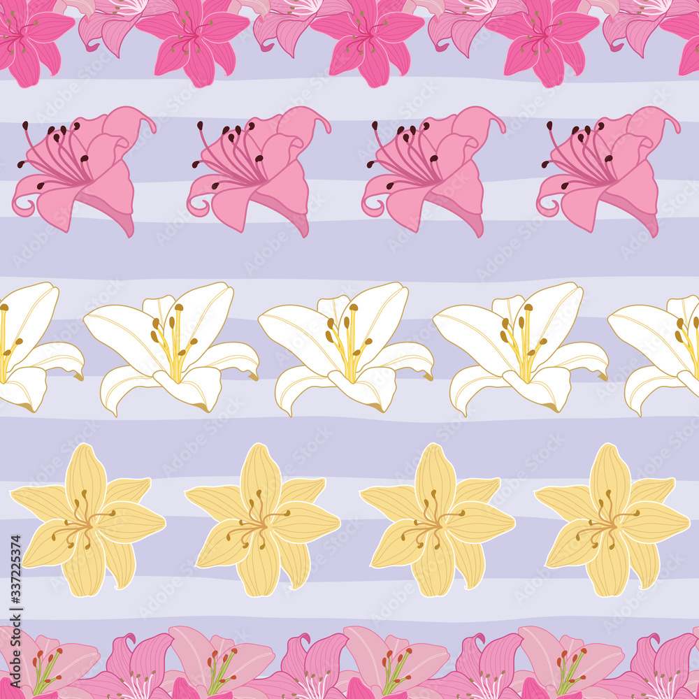 Seamless pattern with lily flowers on pastel purple stripes