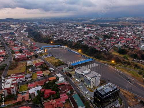 Impressive aerial view of the 27 highway empty without cars due to quarantine for corona virus in Costa Rica