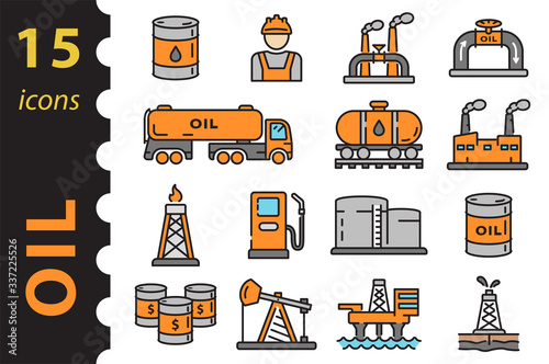 Set of icons for the oil and gas industry in color. Vector illustration in flat style.