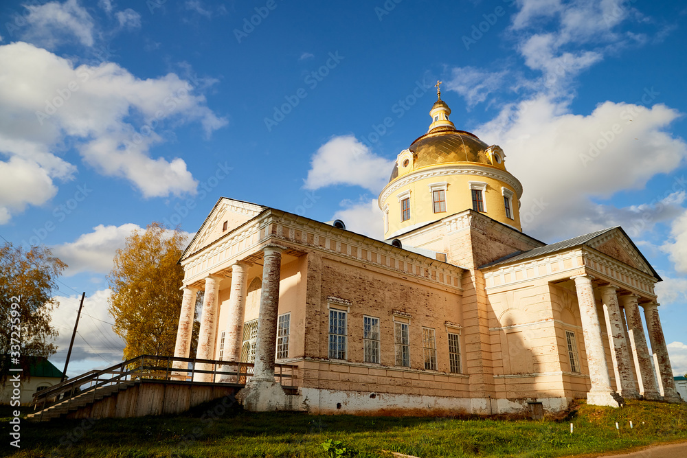 Traditional russian church with domes in a village. Architecture in the Orthodox religion