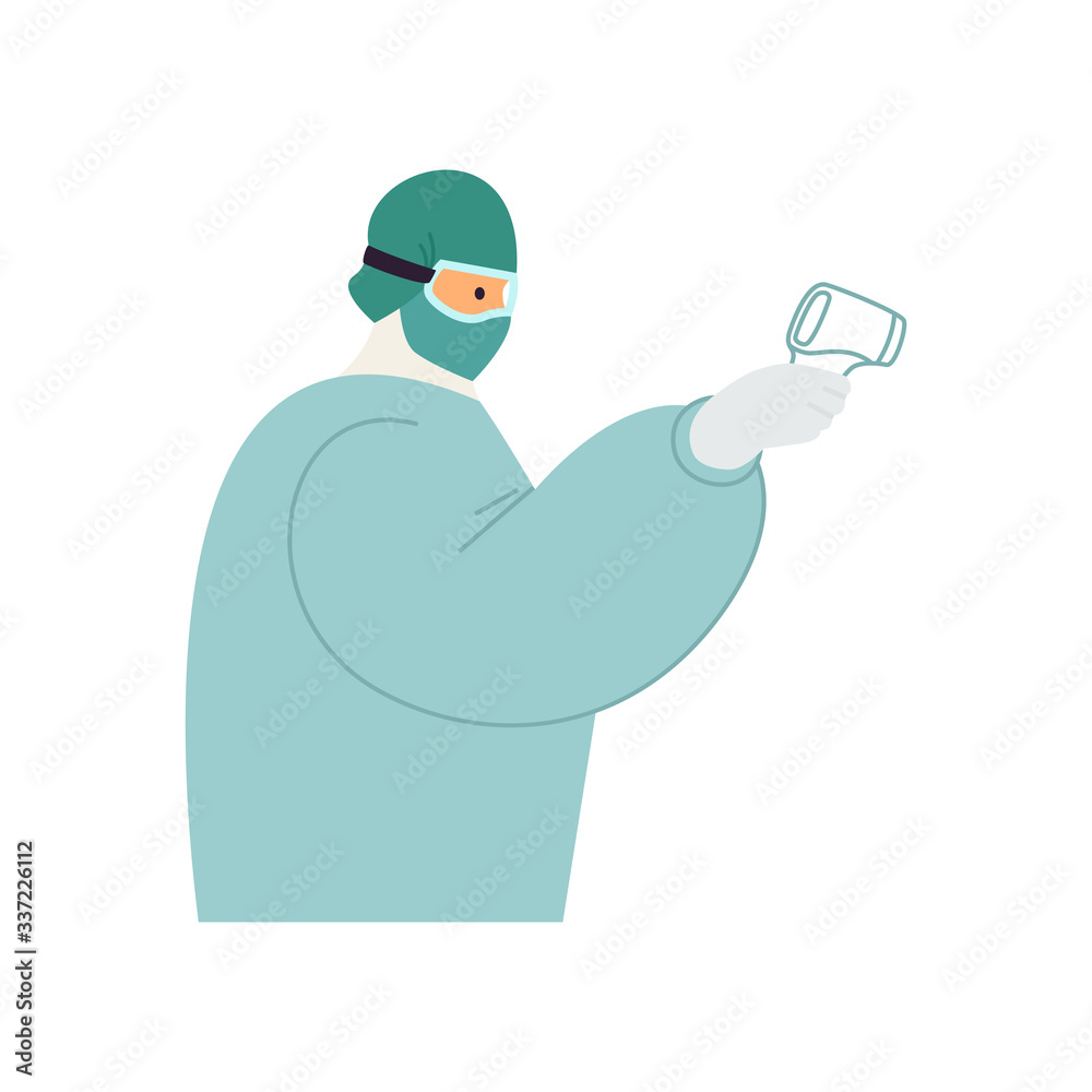 Nurse holding non-contact infrared thermometer Medical staff wearing personal protective equipment for medical professionals Vector flat illustration isolated on white background