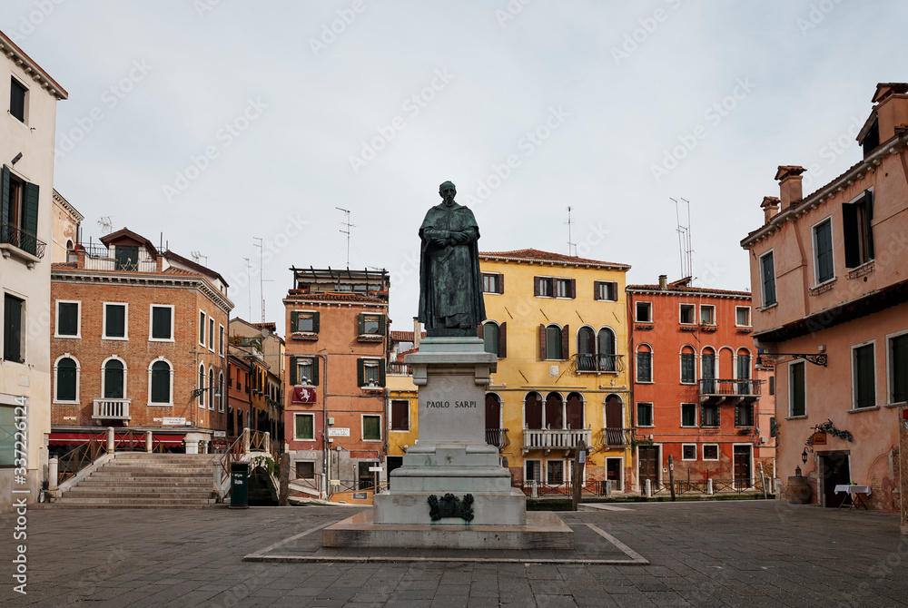 Venice/Italy - September 20, 2020: Statue of Paolo Sarpi, Venetian statesman of 16th and 17th century, Campo Santa Fosca
