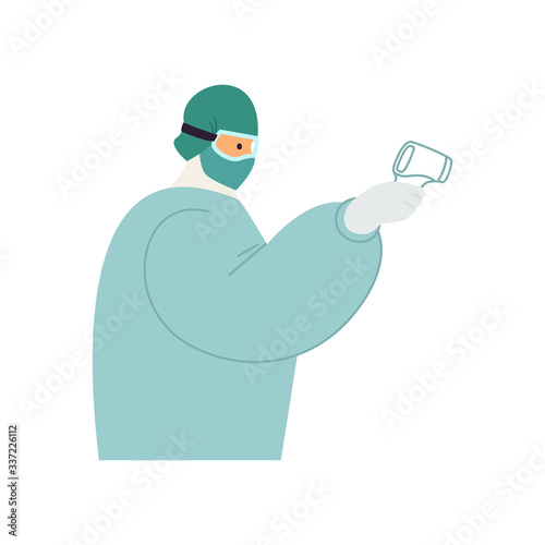 Nurse holding non-contact infrared thermometer Medical staff wearing personal protective equipment for medical professionals Vector flat illustration isolated on white background