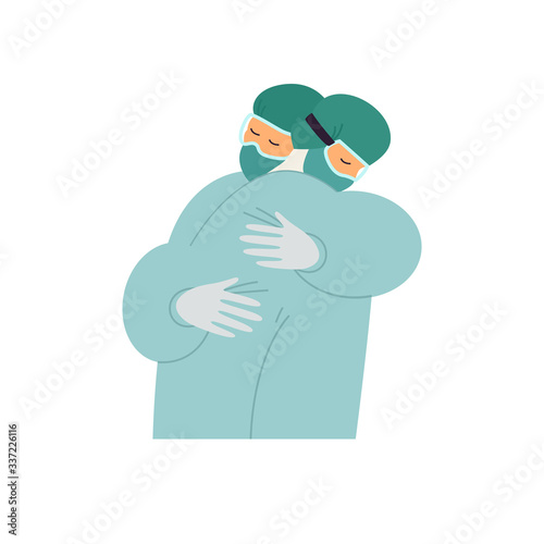 Nurses hug Medical staff wearing personal protective equipment for medical professionals Sad and tired people Vector flat illustration isolated on white background