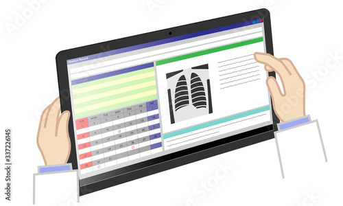 Illustration of a doctor operating a tablet displaying an electronic medical record(Viewed from an oblique angle)