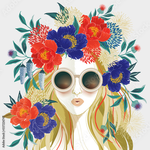 Vector illustration of a long-haired girl with floral headdress. Design for picture frame, poster, greeting card, and invitation