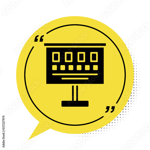 Black Eye test chart icon isolated on white background. Poster for vision testing in ophthalmic study. Snellen chart. Yellow speech bubble symbol. Vector Illustration