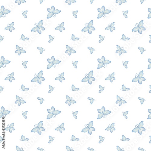 Blue butterflies on a white background. Seamless watercolor pattern. For prints on fabric and paper, etc.