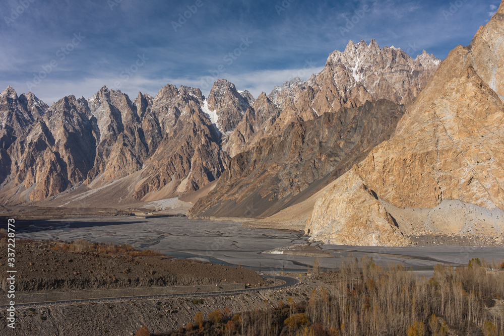 Passu cathedral mountain peak in Karakoram mountain range in autumn season, Gilgit Baltistan, Pakistan