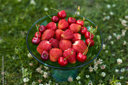 red berries on a green background in a plate