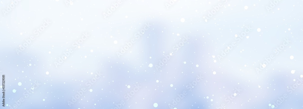 Falling snow in big city abstract banner. Skyscrapers silhouette subtle blur pattern. Pastel blue defocus background. 
