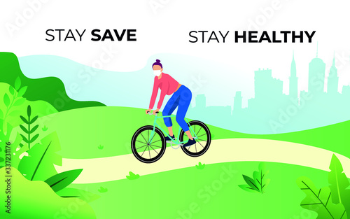 Stay save. Stay healthy. Coronavirus (covid-19) protection. Bicycle ride in park. Keep moving. Quarantine mask 