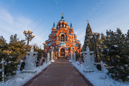 Kazan Orthodox church Icon of the Mother of God in  city center of Irkutsk in winter season, Russia, Siberia
