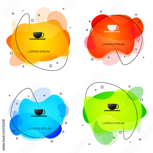 Black Coffee cup icon isolated on white background. Tea cup. Hot drink coffee. Abstract banner with liquid shapes. Vector Illustration