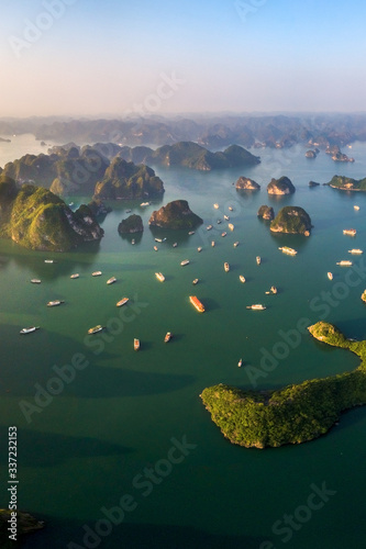 Aerial view floating fishing village and rock island, Halong Bay, Vietnam, So...