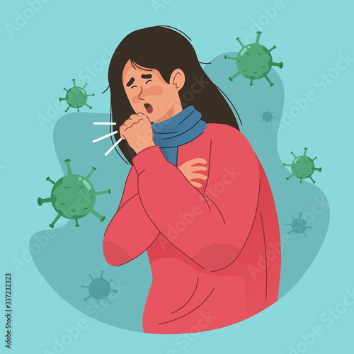 Woman coughing and difficulty breathing. People with coronavirus symptoms