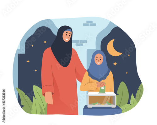 Girl putting coin into donation box in mosque. Charity and donation concept. Ramadan kareem flat cartoon character illustration