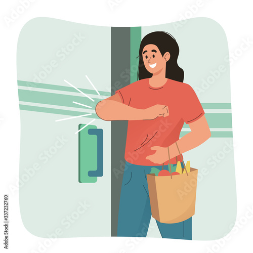 Woman open the door with her elbow. Preventive measures against coronavirus