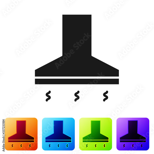 Black Kitchen extractor fan icon isolated on white background. Cooker hood. Kitchen exhaust. Household appliance. Set icons in color square buttons. Vector Illustration