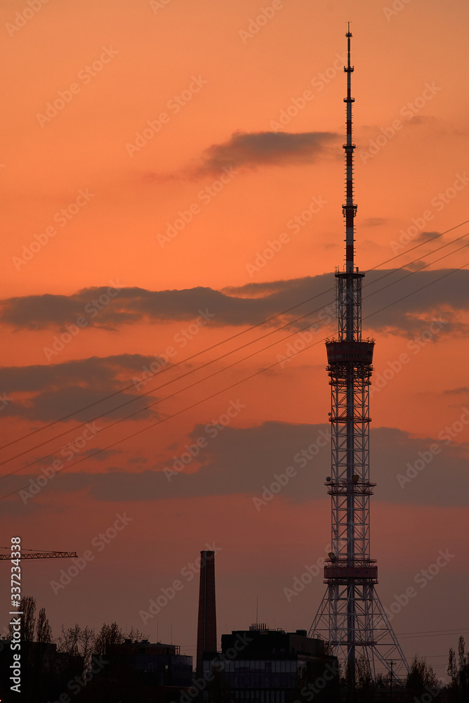 tv tower on sunset sky background